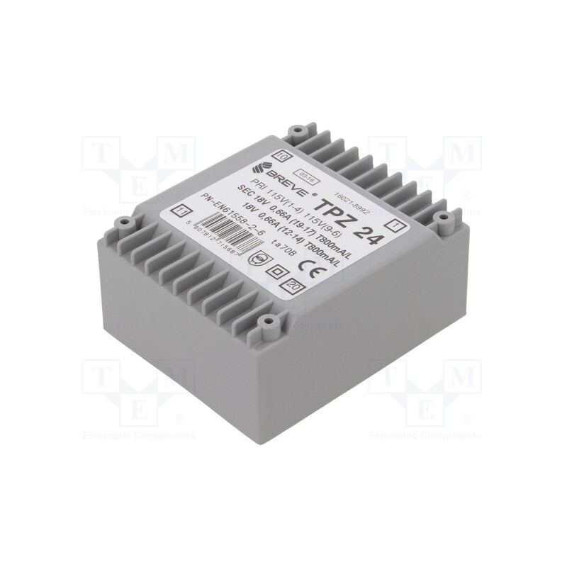 1 pcs x BREVE TUFVASSONS - TPZ24/2*115/2*18V - Transformer: mains, 24VA, 115VAC,230VAC, 18V, 18V, PCB, IP00
