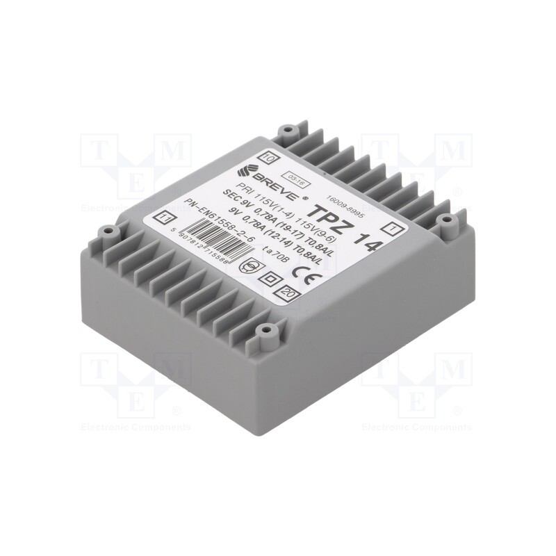 1 pcs x BREVE TUFVASSONS - TPZ14/2*115/2*9V - Transformer: mains, 14VA, 115VAC,230VAC, 9V, 9V, PCB, IP00