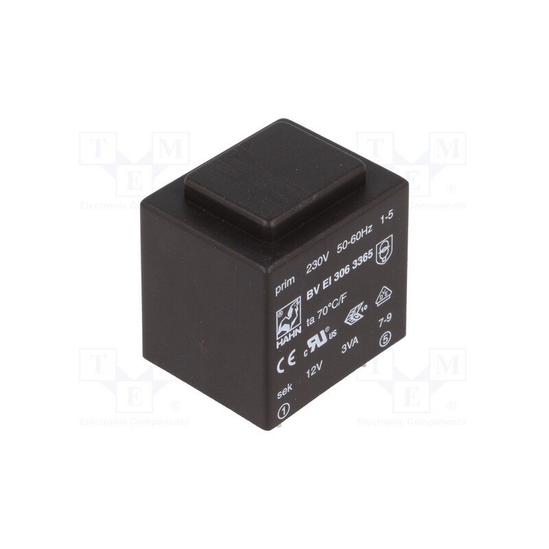 1 pcs x HAHN - BV EI 306 3365 - Transformer: encapsulated, 3VA, 230VAC, 12V, 250mA, PCB, BVEI