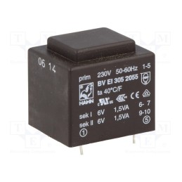 1 pcs x HAHN - BV EI 305 2055 - Transformer: encapsulated, 3VA, 230VAC, 6V, 6V, 250mA, 250mA, PCB