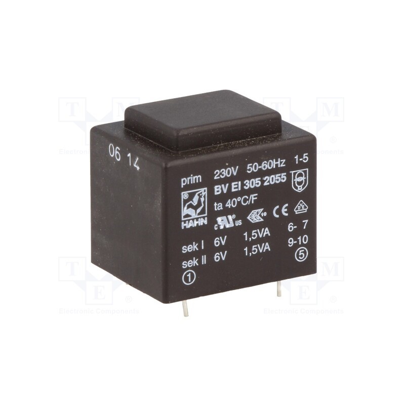 1 pcs x HAHN - BV EI 305 2055 - Transformer: encapsulated, 3VA, 230VAC, 6V, 6V, 250mA, 250mA, PCB