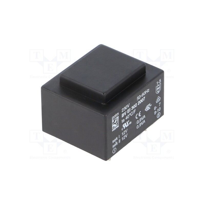 1 pcs x HAHN - BV EI 302 2007 - Transformer: encapsulated, 1.8VA, 230VAC, 12V, 12V, 75mA, 75mA, PCB