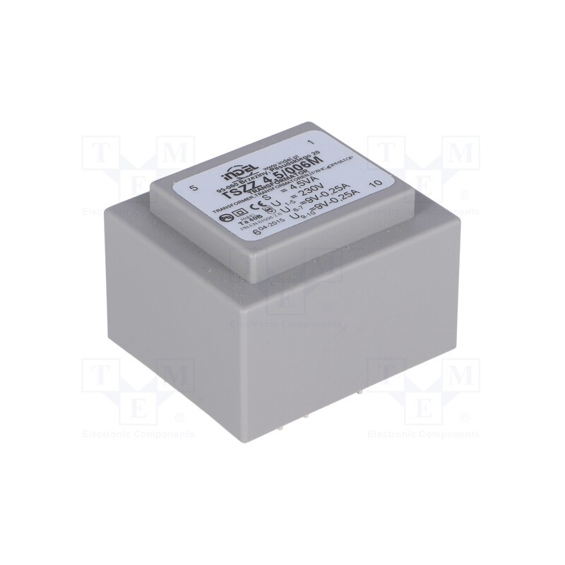 1 pcs x INDEL - TSZZ4.5/006M - Transformer: encapsulated, 4.5VA, 230VAC, 9V, 9V, 250mA, 220mA, PCB