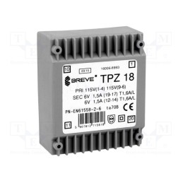 1 pcs x BREVE TUFVASSONS - TPZ18/2X115/2X6V - Transformer: mains, 18VA, 115VAC,230VAC, 6V, 6V, 1.5A, PCB, IP00