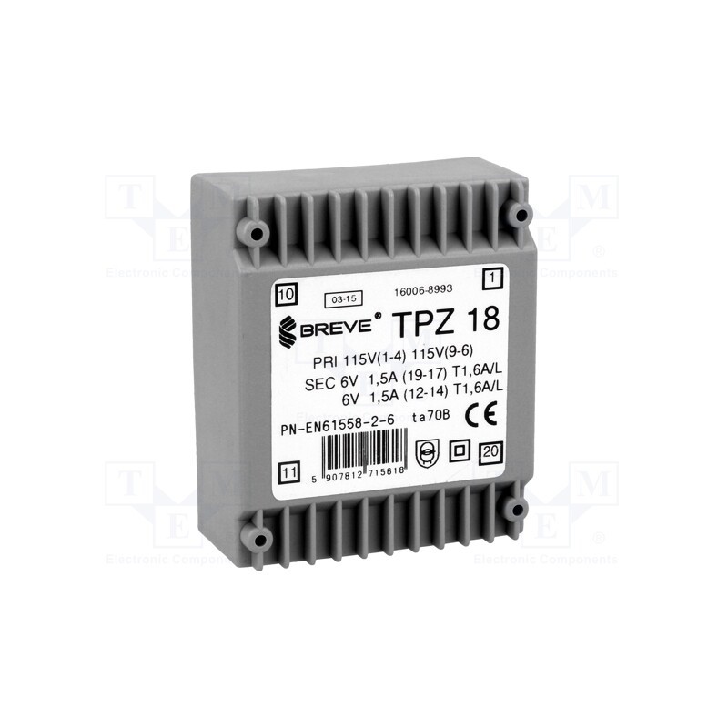 1 pcs x BREVE TUFVASSONS - TPZ18/2X115/2X6V - Transformer: mains, 18VA, 115VAC,230VAC, 6V, 6V, 1.5A, PCB, IP00