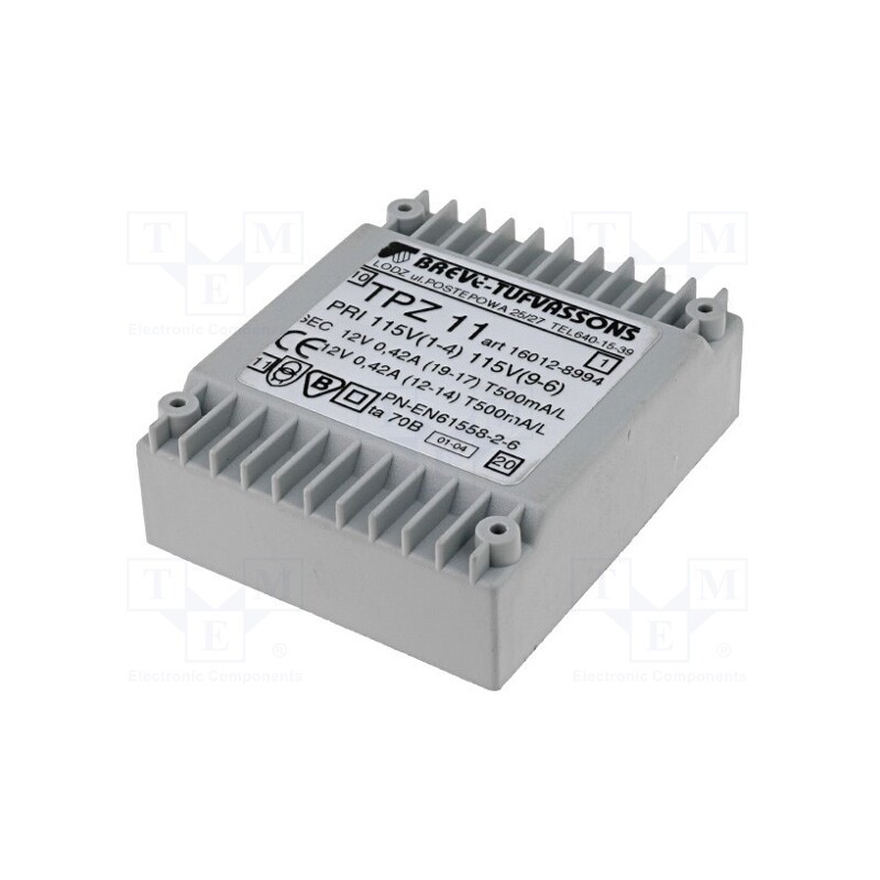 1 pcs x BREVE TUFVASSONS - TPZ11/2X115/2X12V - Transformer: mains, 11VA, 115VAC,230VAC, 12V, 12V, 458mA, PCB, IP00
