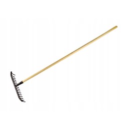 Metal stone rake with 18 teeth on a wooden one
