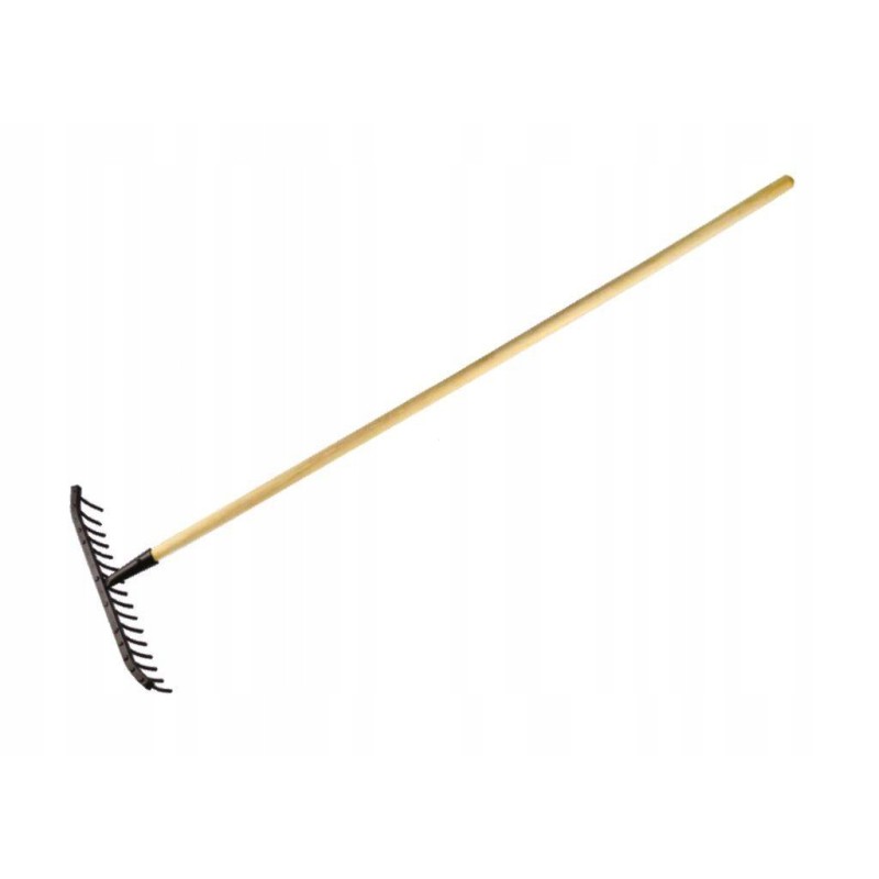 Metal stone rake with 18 teeth on a wooden one