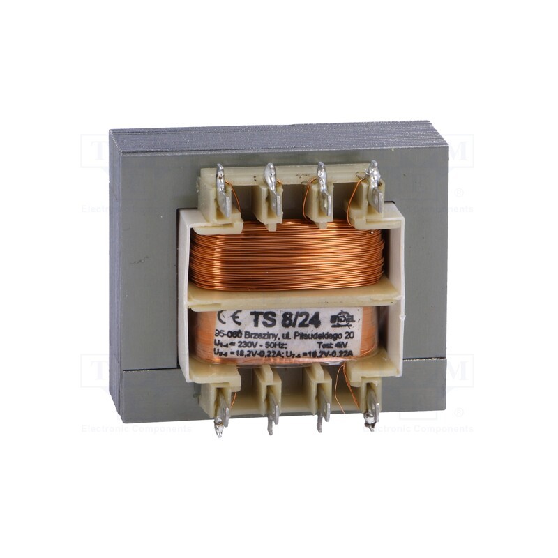 1 pcs x INDEL - TS 8/24 - Transformer: mains, 8VA, 230VAC, 18.2V, 18.2V, 220mA, 220mA, IP00