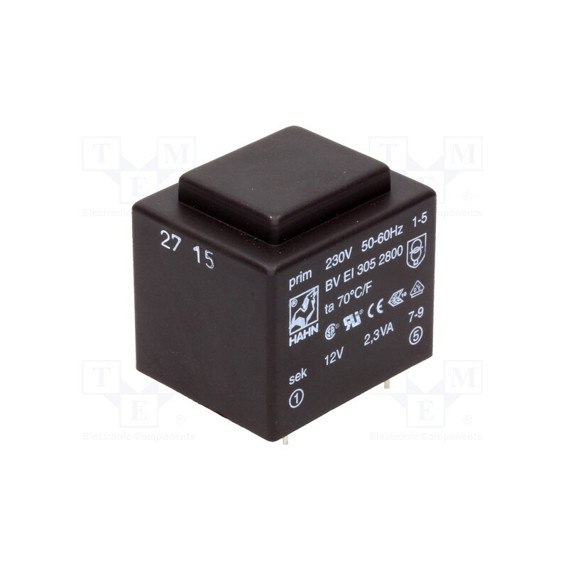1 pcs x HAHN - BV EI 305 2800 - Transformer: encapsulated, 2.3VA, 230VAC, 12V, 192mA, PCB, BVEI