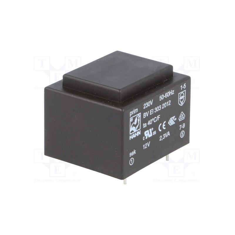 1 pcs x HAHN - BV EI 303 2012 - Transformer: encapsulated, 2.3VA, 230VAC, 12V, 191mA, PCB, BVEI