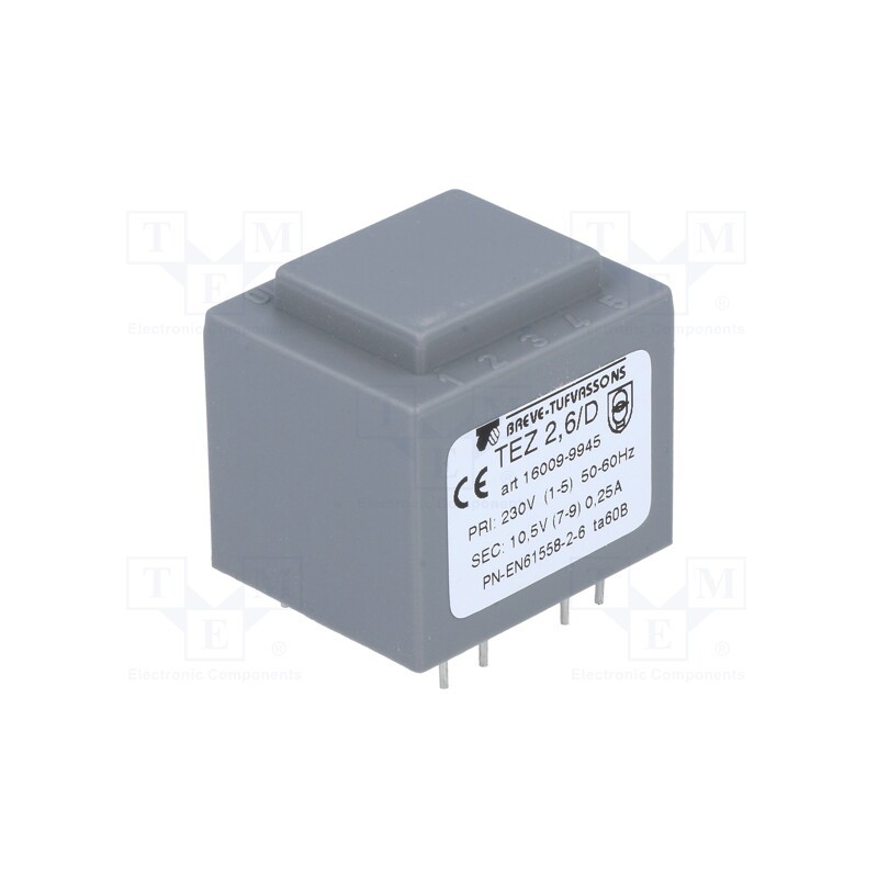 1 pcs x BREVE TUFVASSONS - TEZ2.6/D230/10.5V - Transformer: encapsulated, 2.5VA, 230VAC, 10.5V, 238mA, PCB, IP00