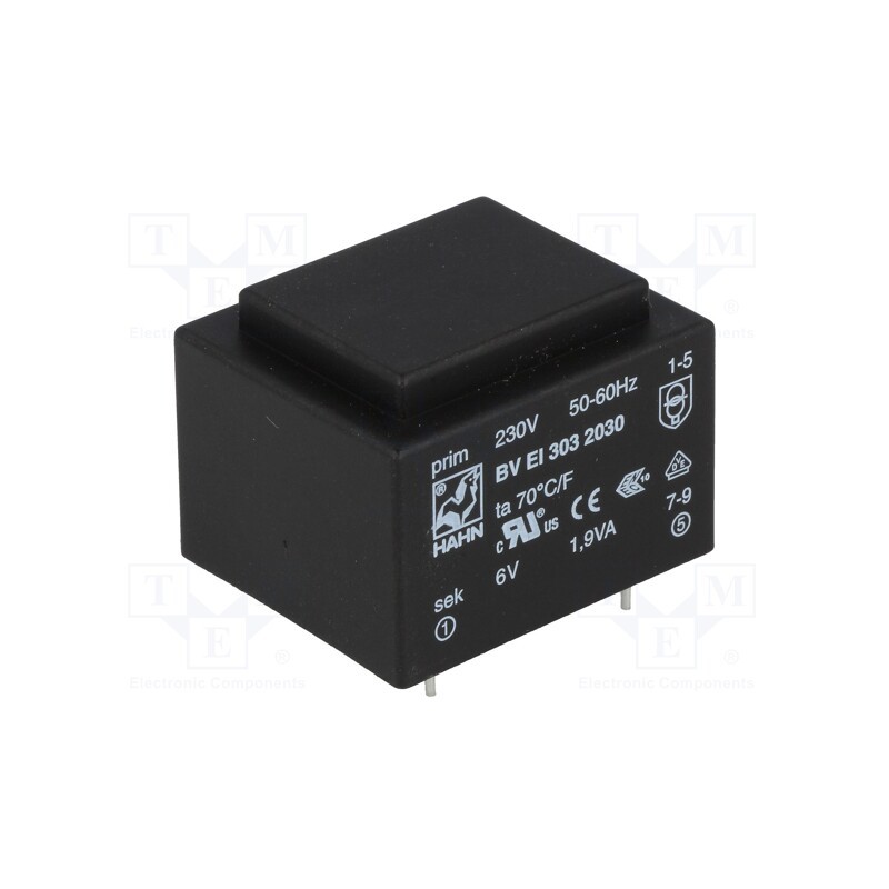 1 pcs x HAHN - BV EI 303 2030 - Transformer: encapsulated, 1.9VA, 230VAC, 6V, 316mA, PCB, BVEI