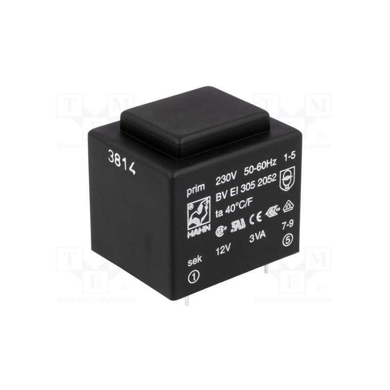 1 pcs x HAHN - BV EI 305 2052 - Transformer: encapsulated, 3VA, 230VAC, 12V, 250mA, PCB, BVEI