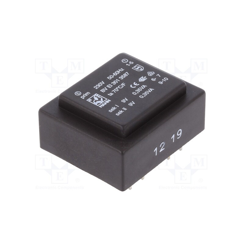 1 pcs x HAHN - BV EI 301 3587 - Transformer: encapsulated, 0.7VA, 230VAC, 9V, 9V, 39mA, 39mA, PCB