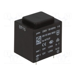 1 pcs x HAHN - BV EI 3063602 - Transformer: encapsulated, 3.6VA, 230VAC, 12V, 12V, 150mA, 150mA