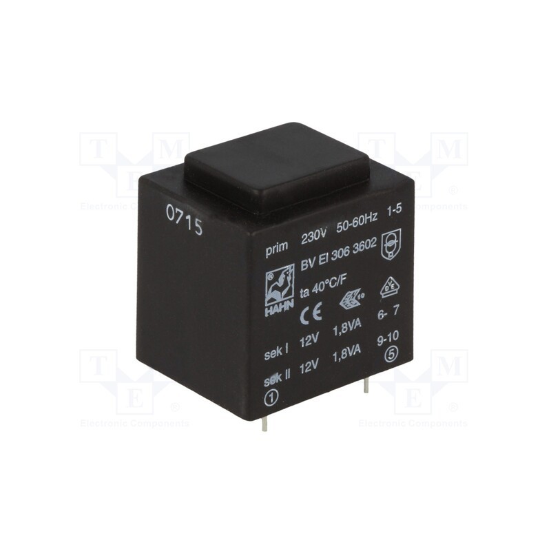 1 pcs x HAHN - BV EI 3063602 - Transformer: encapsulated, 3.6VA, 230VAC, 12V, 12V, 150mA, 150mA