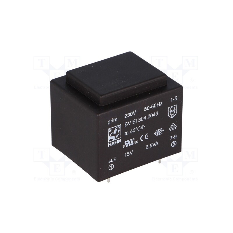 1 pcs x HAHN - BV EI 304 2043 - Transformer: encapsulated, 2.6VA, 230VAC, 15V, 174mA, PCB, BVEI