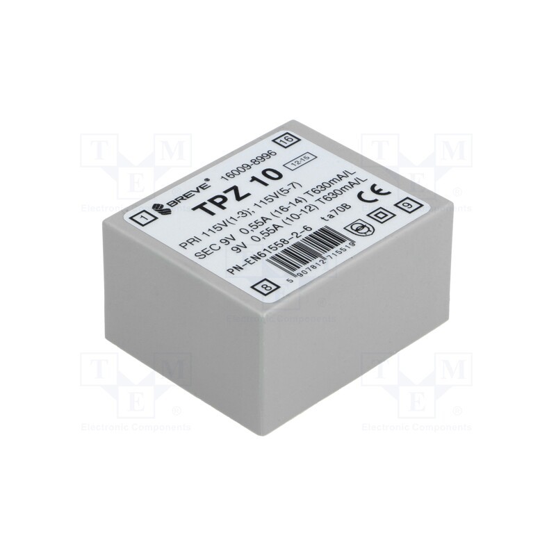 1 pcs x BREVE TUFVASSONS - TPZ10/2*115/2*9V - Transformer: mains, 10VA, 115VAC,230VAC, 9V, 9V, PCB, IP00