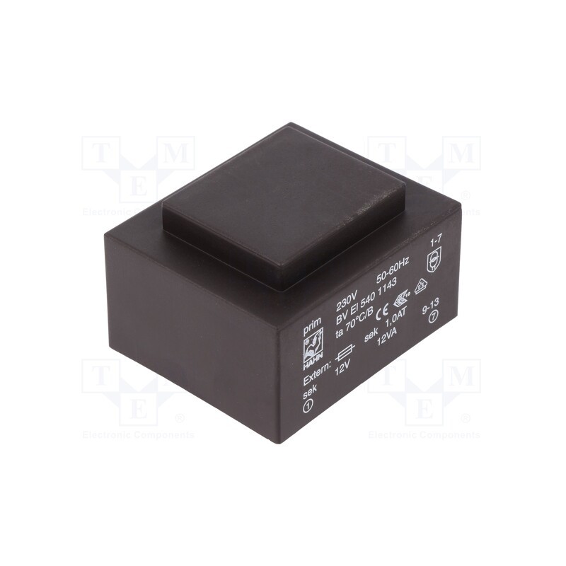 1 pcs x HAHN - BV EI 540 1143 - Transformer: encapsulated, 12VA, 230VAC, 12V, 1A, PCB, 74x47.3x35mm