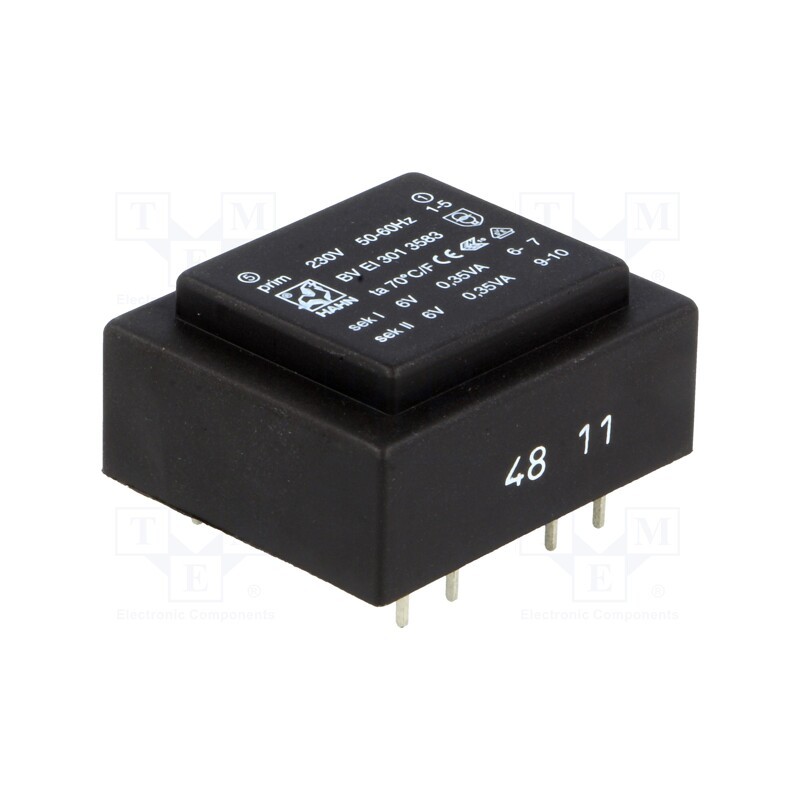 1 pcs x HAHN - BV EI 301 3583 - Transformer: encapsulated, 0.7VA, 230VAC, 6V, 6V, 58mA, 58mA, PCB