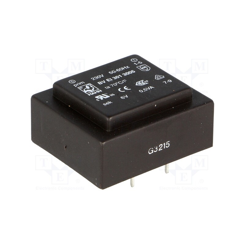 1 pcs x HAHN - BV EI 301 3005 - Transformer: encapsulated, 0.5VA, 230VAC, 6V, 83mA, PCB, BVEI