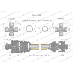 Articulated and telescopic shaft 1250 1690mm 1240nm width