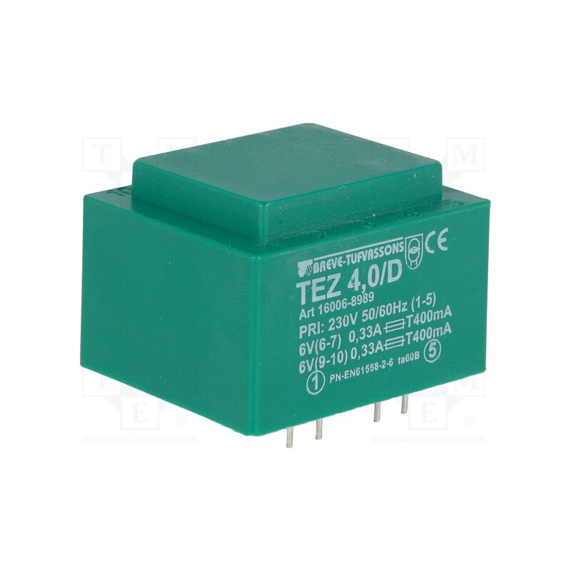 1 pcs x BREVE TUFVASSONS - TEZ4/D230/6-6V - Transformer: encapsulated, 4VA, 230VAC, 6V, 6V, 333.3mA, 333.3mA