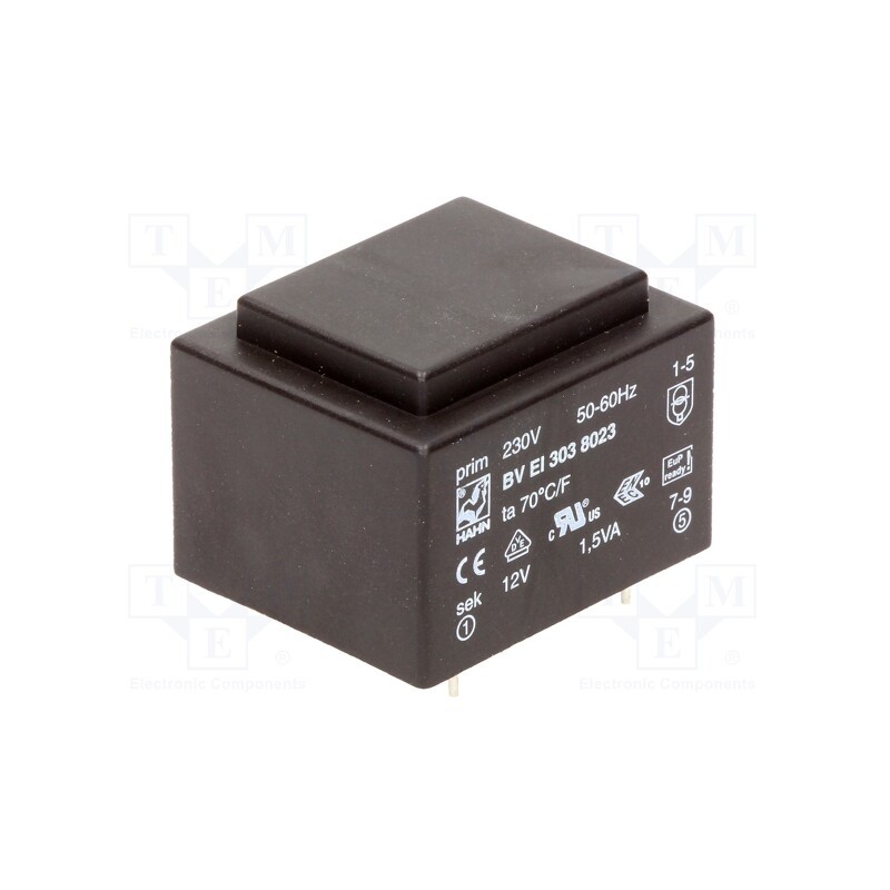 1 pcs x HAHN - BV EI 303 8023 - Transformer: encapsulated, 1.5VA, 230VAC, 12V, 125mA, PCB, BVEI