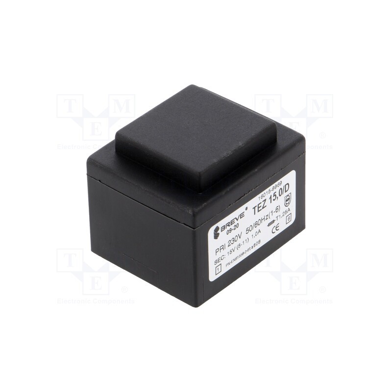 1 pcs x BREVE TUFVASSONS - TEZ15.0/D230/15V - Transformer: encapsulated, 15VA, 230VAC, 15V, 1A, PCB, IP00, A: 44mm