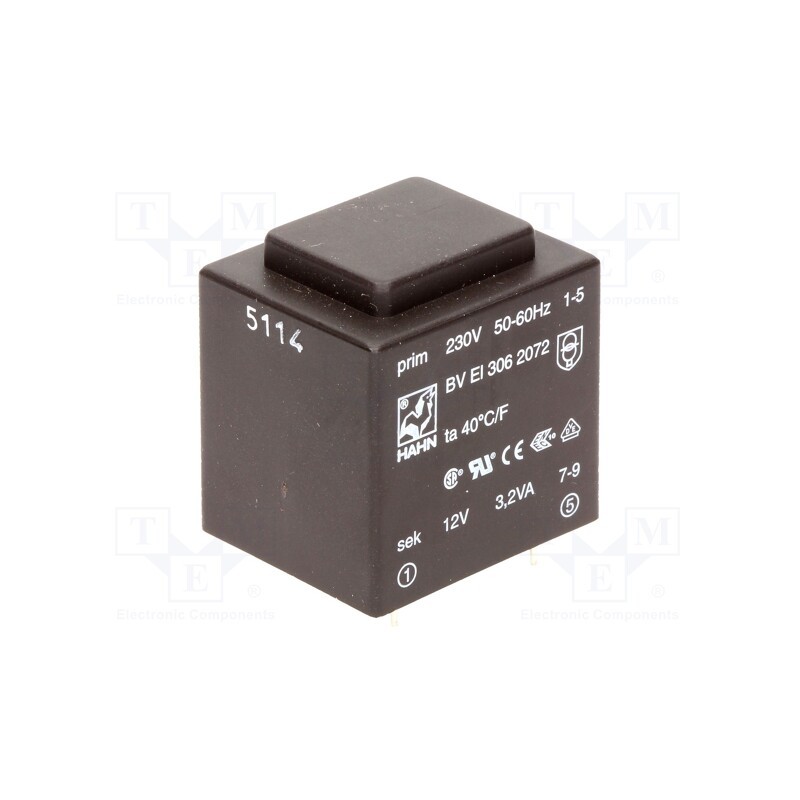 1 pcs x HAHN - BV EI 306 2072 - Transformer: encapsulated, 3.2VA, 230VAC, 12V, 267mA, PCB, BVEI