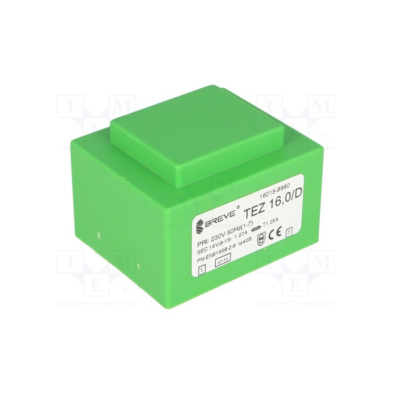 1 pcs x BREVE TUFVASSONS - TEZ16/D230/15V - Transformer: encapsulated, 16VA, 230VAC, 15V, 1066.6mA, PCB, IP00