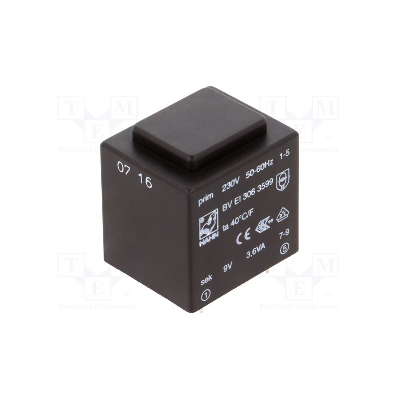 1 pcs x HAHN - BV EI 306 3599 - Transformer: encapsulated, 3.6VA, 230VAC, 9V, 400mA, PCB, BVEI