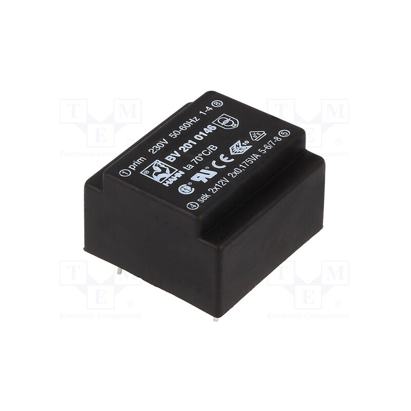 1 pcs x HAHN - BV 201 0146 - Transformer: encapsulated, 0.35VA, 230VAC, 12V, 12V, 15mA, 15mA, PCB