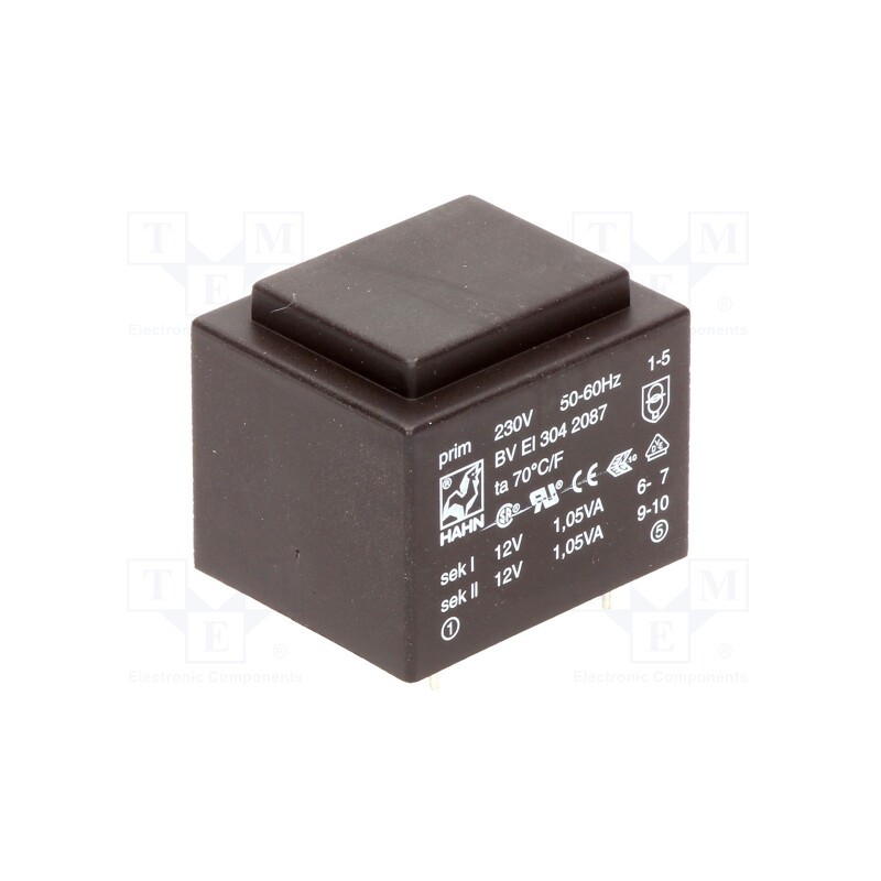 1 pcs x HAHN - BV EI 304 2087 - Transformer: encapsulated, 2.1VA, 230VAC, 12V, 12V, 88mA, 88mA, PCB