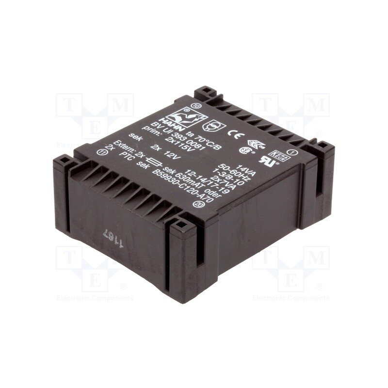 1 pcs x HAHN - BV UI 393 0081 - Transformer: encapsulated, 14VA, 115VACx2, 12V, 12V, 583mA, 583mA