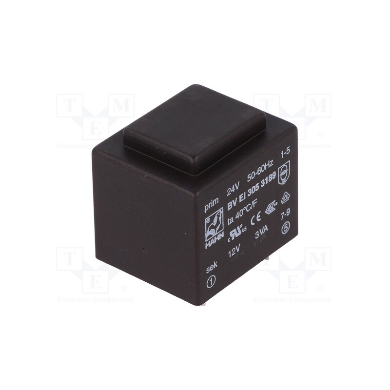 1 pcs x HAHN - BV EI 305 3189 - Transformer: encapsulated, 3VA, 24VAC, 12V, 250mA, PCB, BVEI