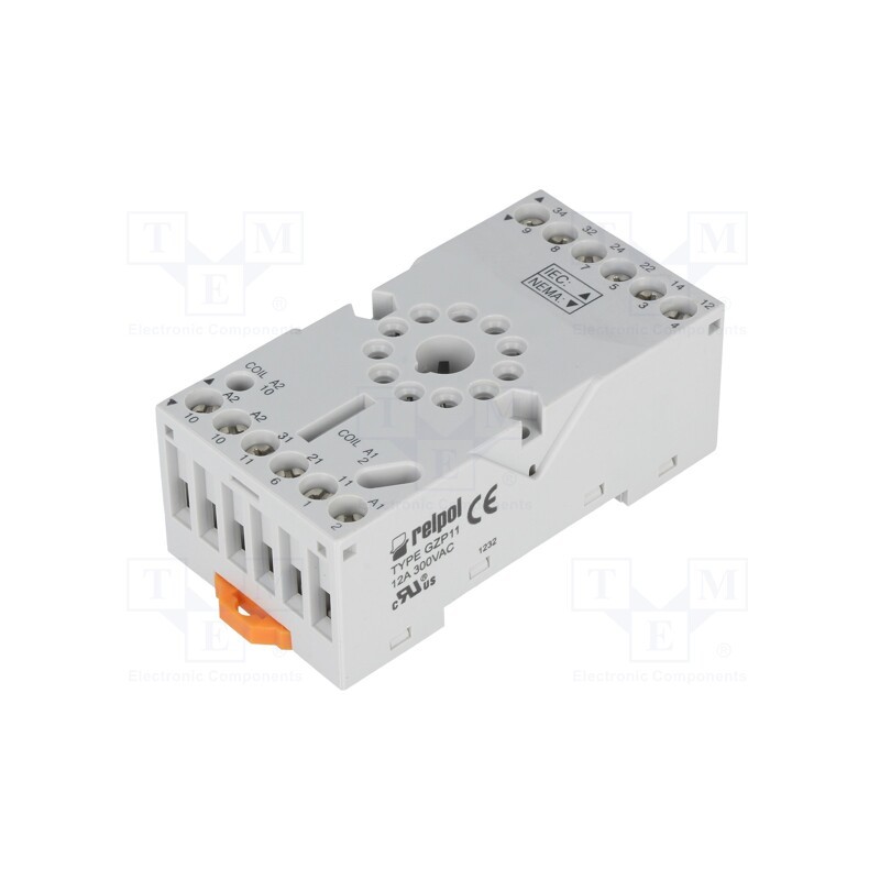 1 pcs x RELPOL - GZP11 - Socket, PIN: 11, 10A, 250VAC, on panel,for DIN rail mounting, grey