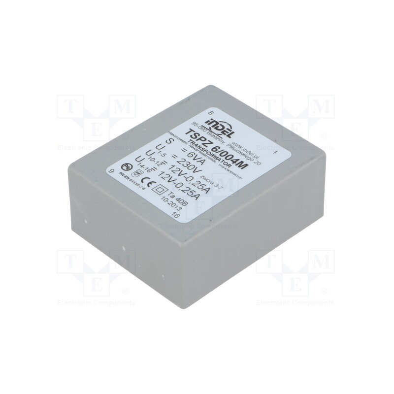 1 pcs x INDEL - TSPZ6/004 - Transformer: encapsulated, 6VA, 230VAC, 12V, 12V, 250mA, 250mA, PCB
