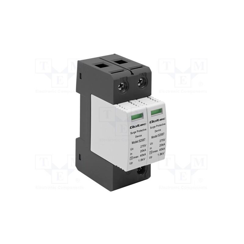 1 pcs x QOLTEC - 52587 - Surge arrestor, Type 2, Poles: 2, for DIN rail mounting, -10÷85°C