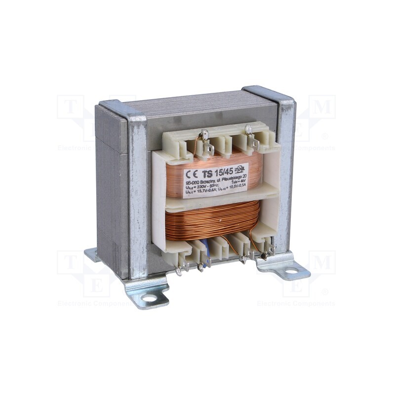 1 pcs x INDEL - TS 15/45 - Transformer: mains, 15VA, 230VAC, 15.7V, 10.5V, 600mA, 500mA, IP00