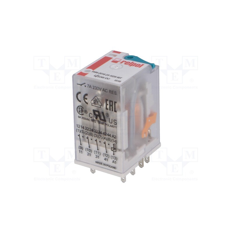 1 pcs x RELPOL - R4N-2014-23-1024-WT - Relay: electromagnetic, 4PDT, Ucoil: 24VDC, Icontacts max: 6A, 0.9W