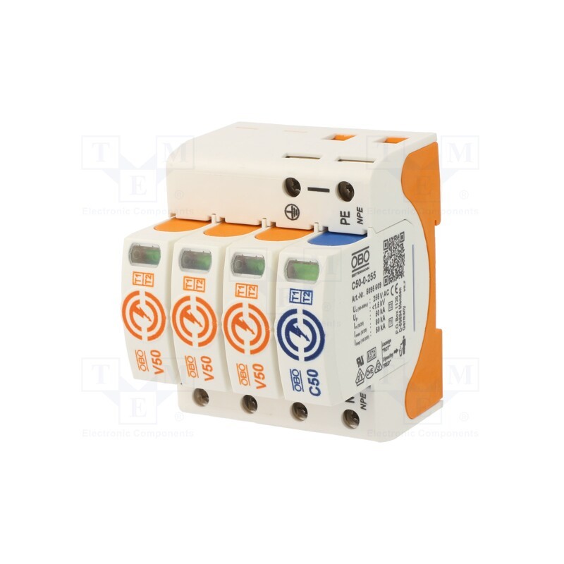 1 pcs x OBO BETTERMANN - V50-3+NPE-280 - Surge arrestor, Type 1+2, Poles: 3+NPE, 30kA, 280VAC, -40÷80°C