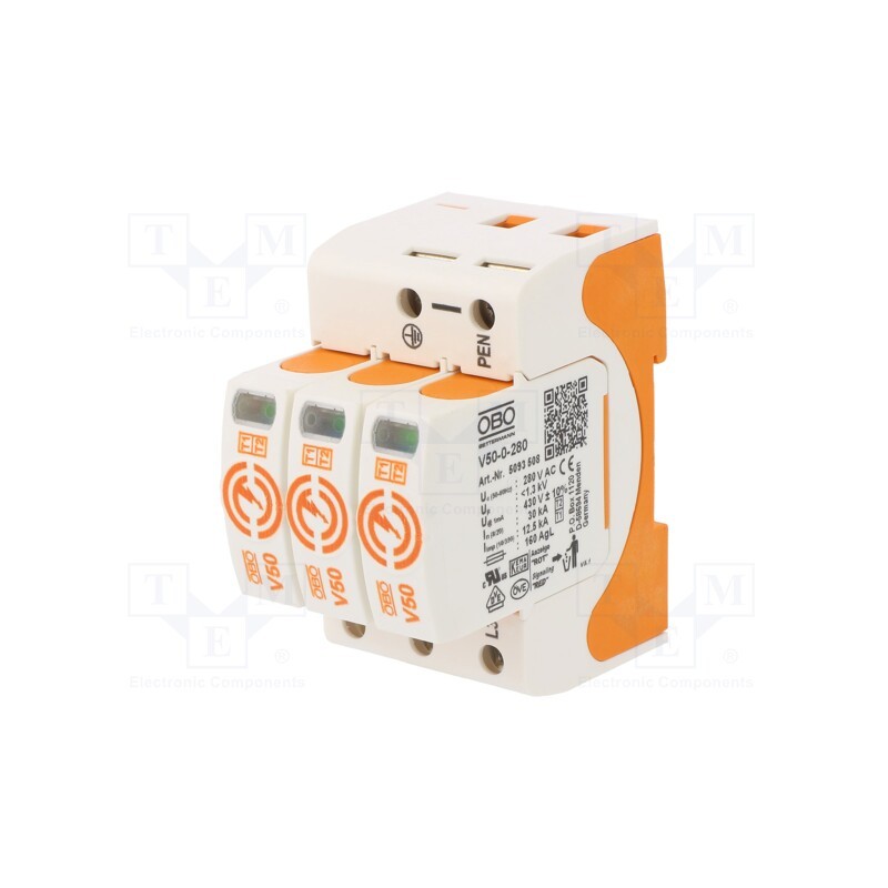 1 pcs x OBO BETTERMANN - V50-3-280 - Surge arrestor, Type 1+2, Poles: 3, 30kA, 280VAC, -40÷80°C, IP20