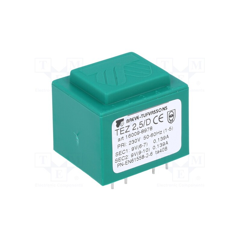 1 pcs x BREVE TUFVASSONS - TEZ2.5/D230/9-9V - Transformer: encapsulated, 2.5VA, 230VAC, 9V, 9V, 138.8mA, 138.8mA