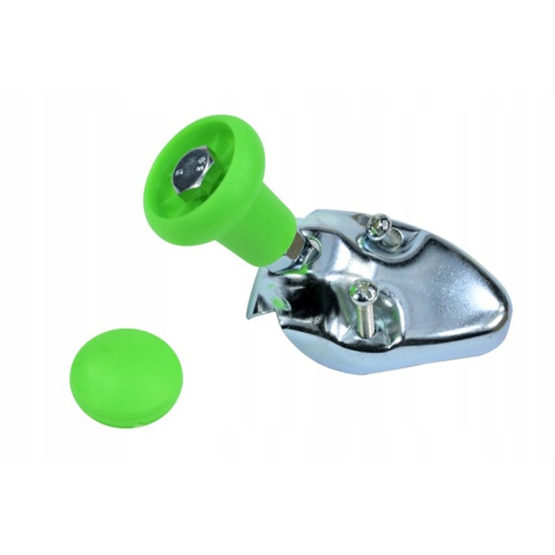 Green steering wheel knob of an excavator tractor