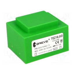 1 pcs x BREVE TUFVASSONS - TEZ16/D230/6V - Transformer: encapsulated, 16VA, 230VAC, 6V, 2666.6mA, PCB, IP00
