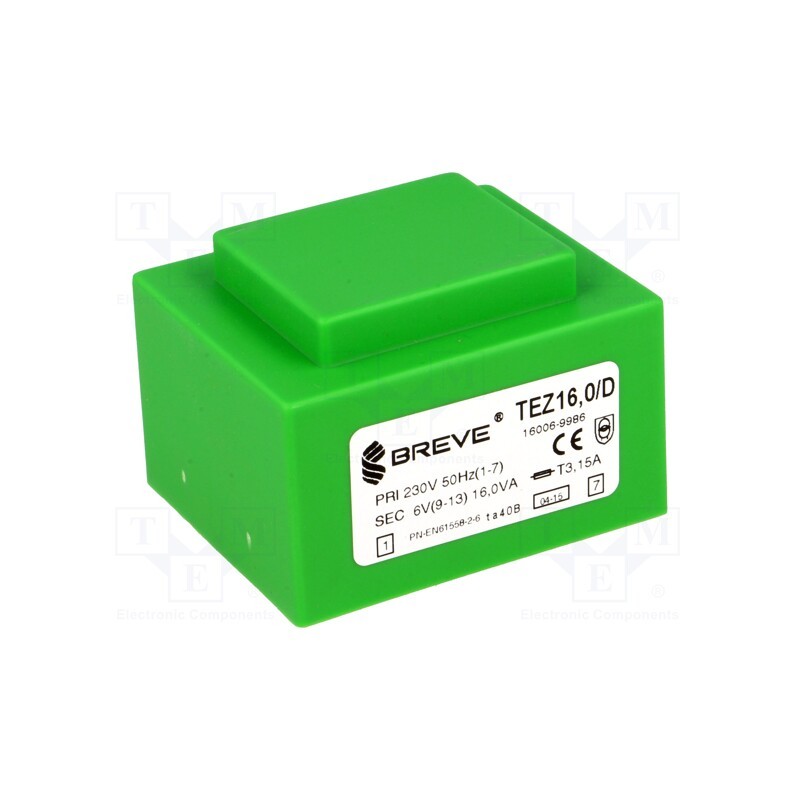 1 pcs x BREVE TUFVASSONS - TEZ16/D230/6V - Transformer: encapsulated, 16VA, 230VAC, 6V, 2666.6mA, PCB, IP00