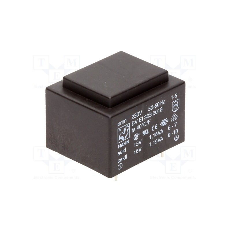 1 pcs x HAHN - BV EI 303 2018 - Transformer: encapsulated, 2.3VA, 230VAC, 15V, 15V, 76mA, 76mA, PCB