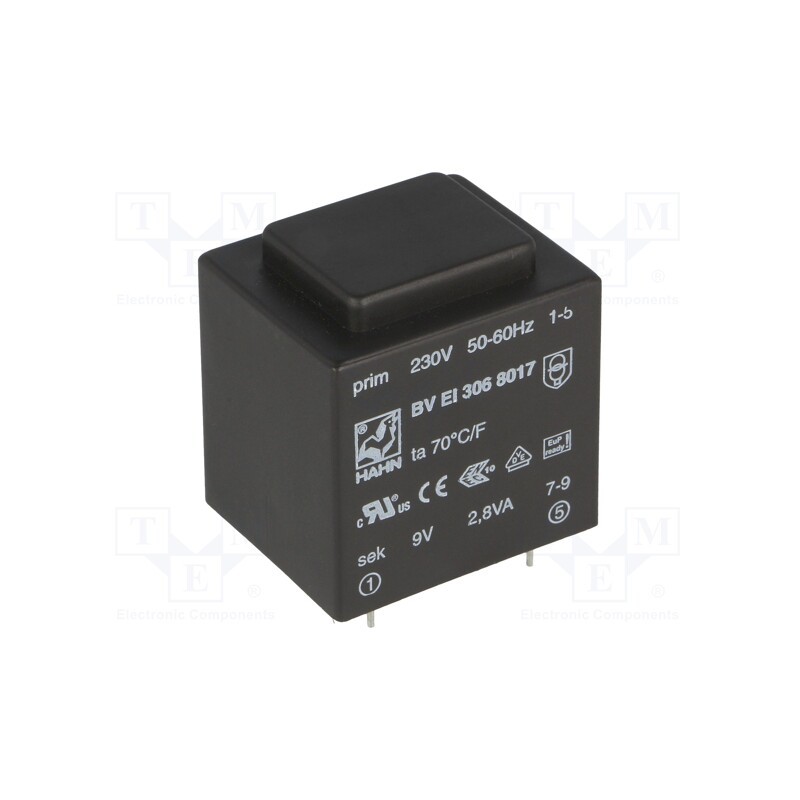 1 pcs x HAHN - BV EI 306 8017 - Transformer: encapsulated, 2.8VA, 230VAC, 9V, 311mA, PCB, BVEI